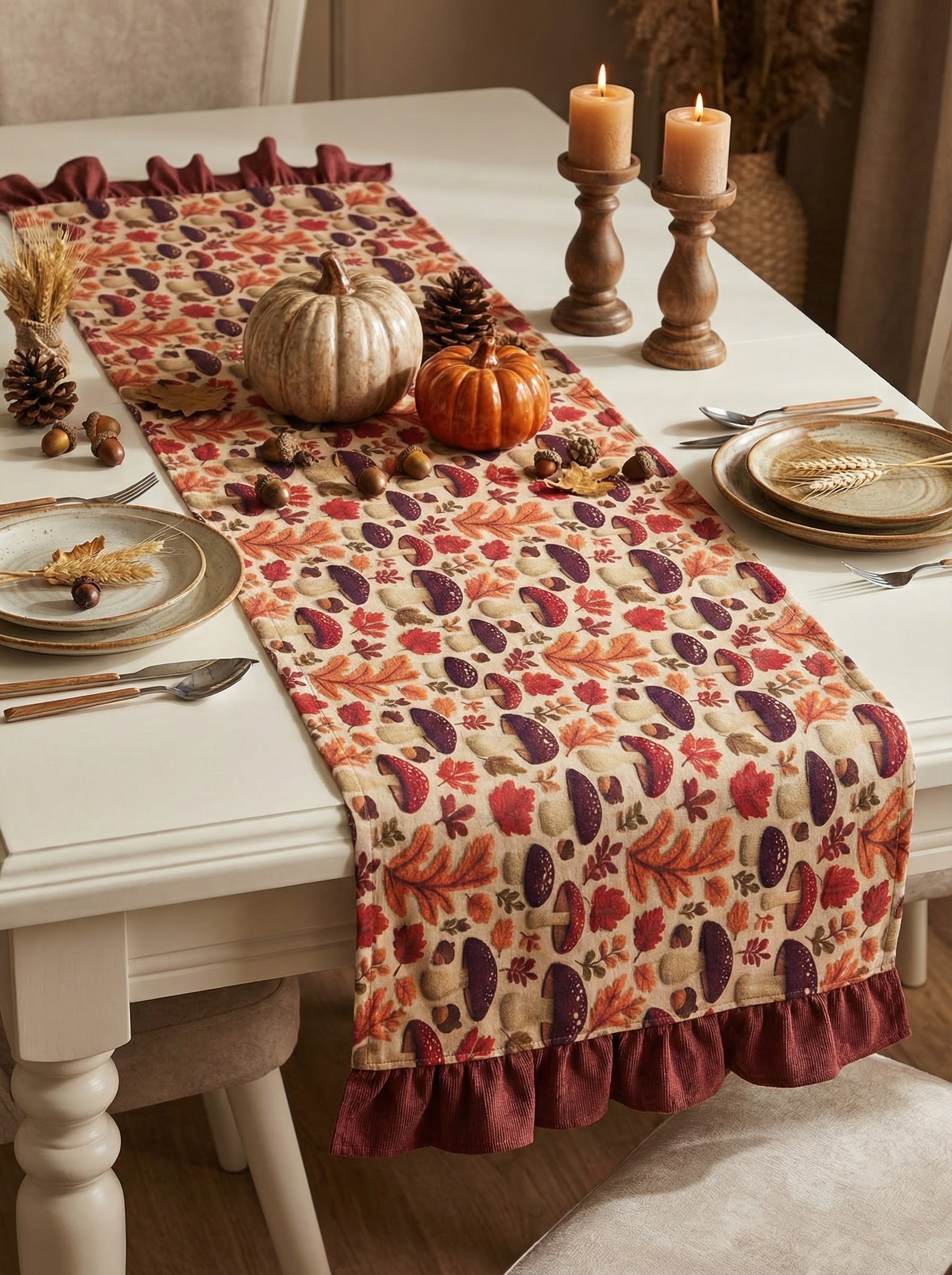 Sonbahar Esintisi Bordo Fırfırlı Dekoratif Runner