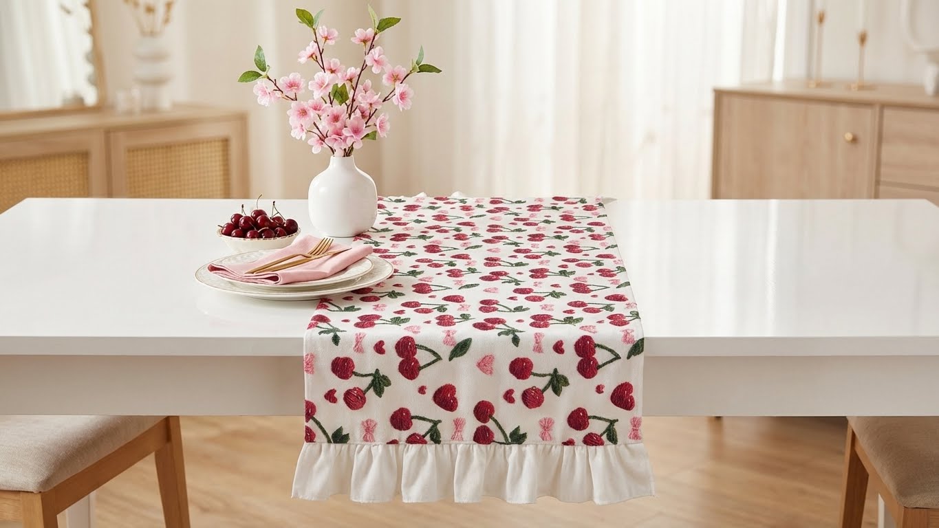Kiraz ve Fiyonk Desenli, Beyaz Fırfırlı Leke Tutmaz Masa Runner