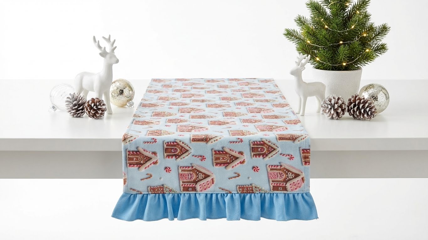 Gingerbread Ev Temalı Yeni Yıl Masa Örtüsü - Runner