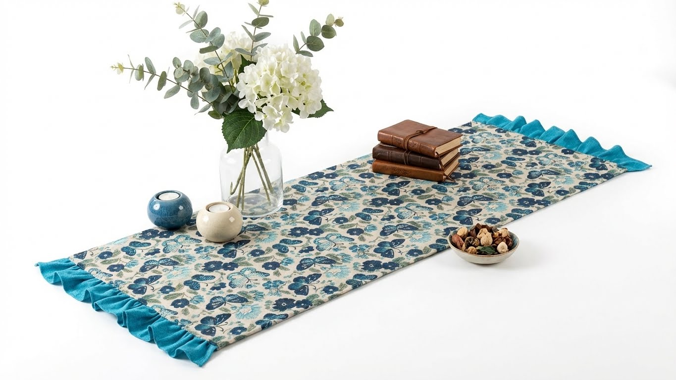 Mavi Kelebek Desenli Fırfırlı Masa Runner – Şık ve Dekoratif Masa Örtüsü