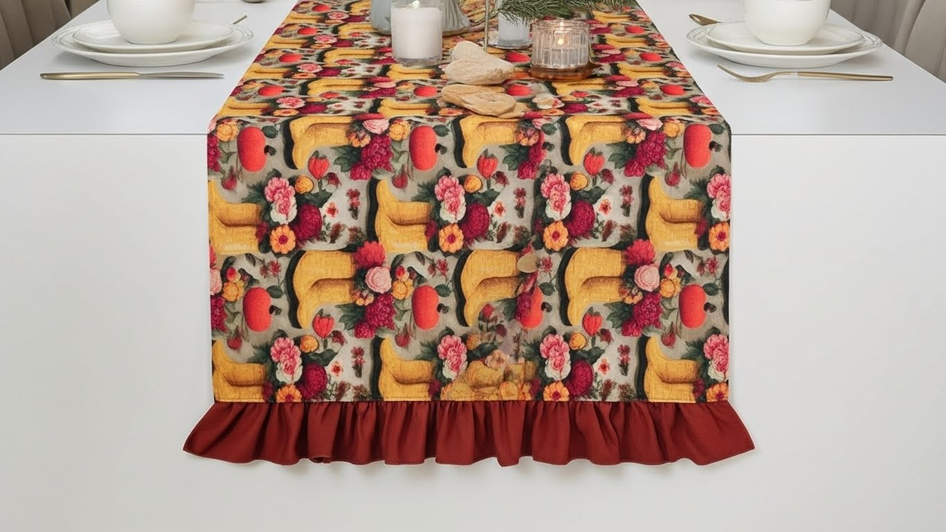 Sonbahar Temalı Çiçek Desenli Fırfırlı Masa Runner – Şık Dekoratif Masaörtüsü